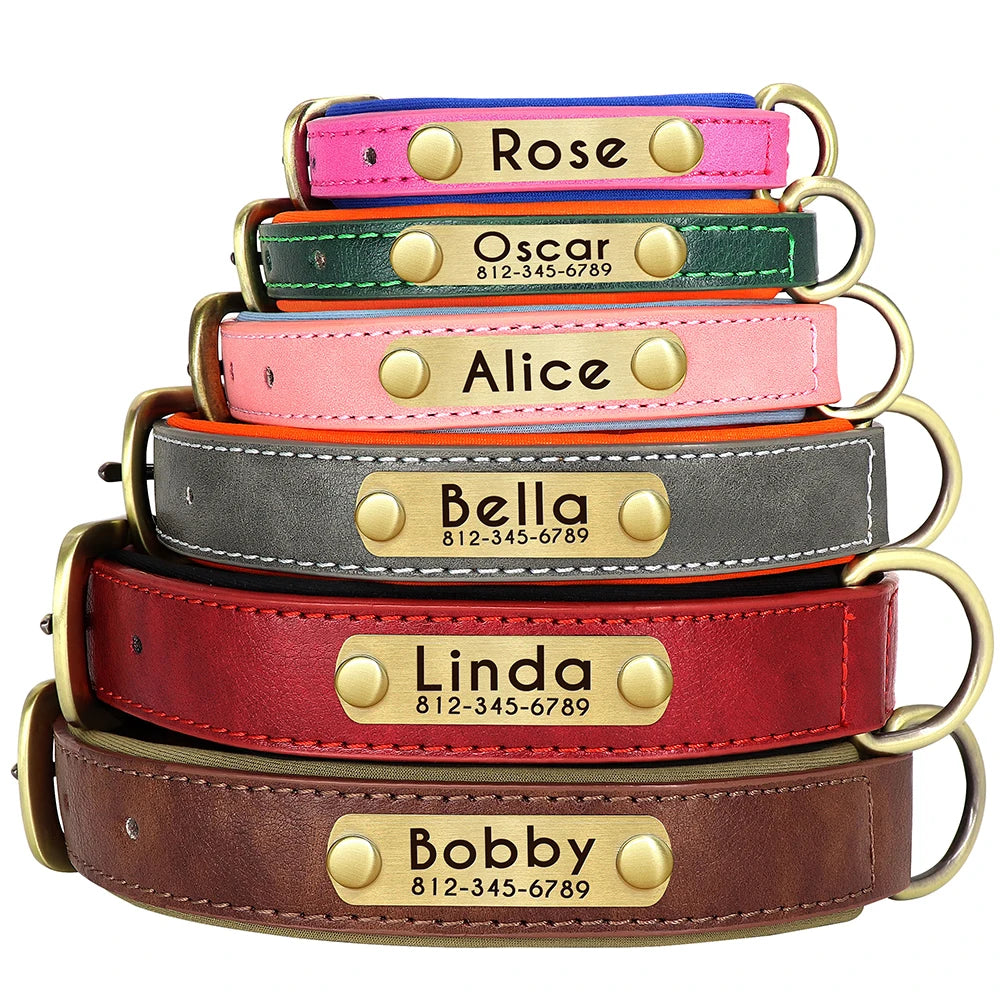 Custom PU Leather Dog Collar – Free Engraving | Adjustable Personalized Pet ID Tag for Small, Medium & Large Dogs