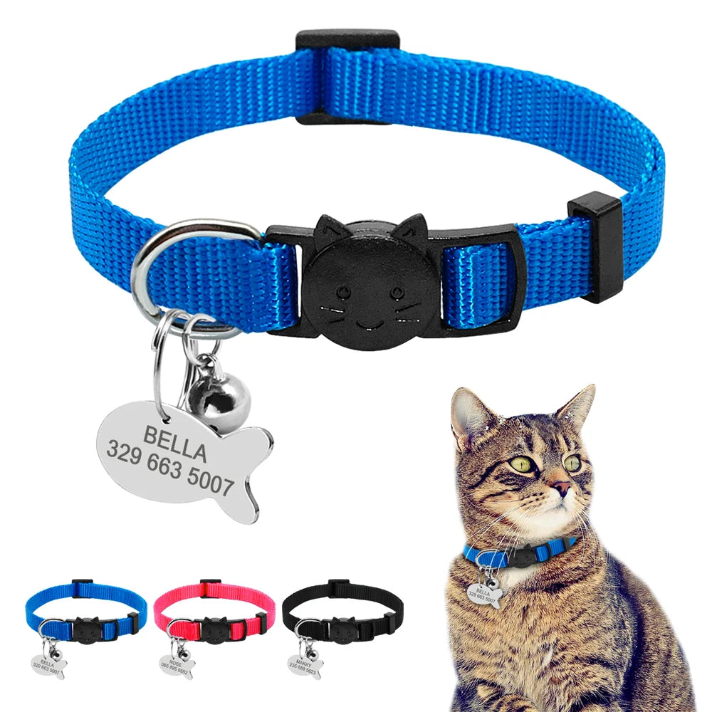 Personalized Cat Collar with Engraved Fish Tag – Adjustable Nylon Collar for Cats & Small Dogs
