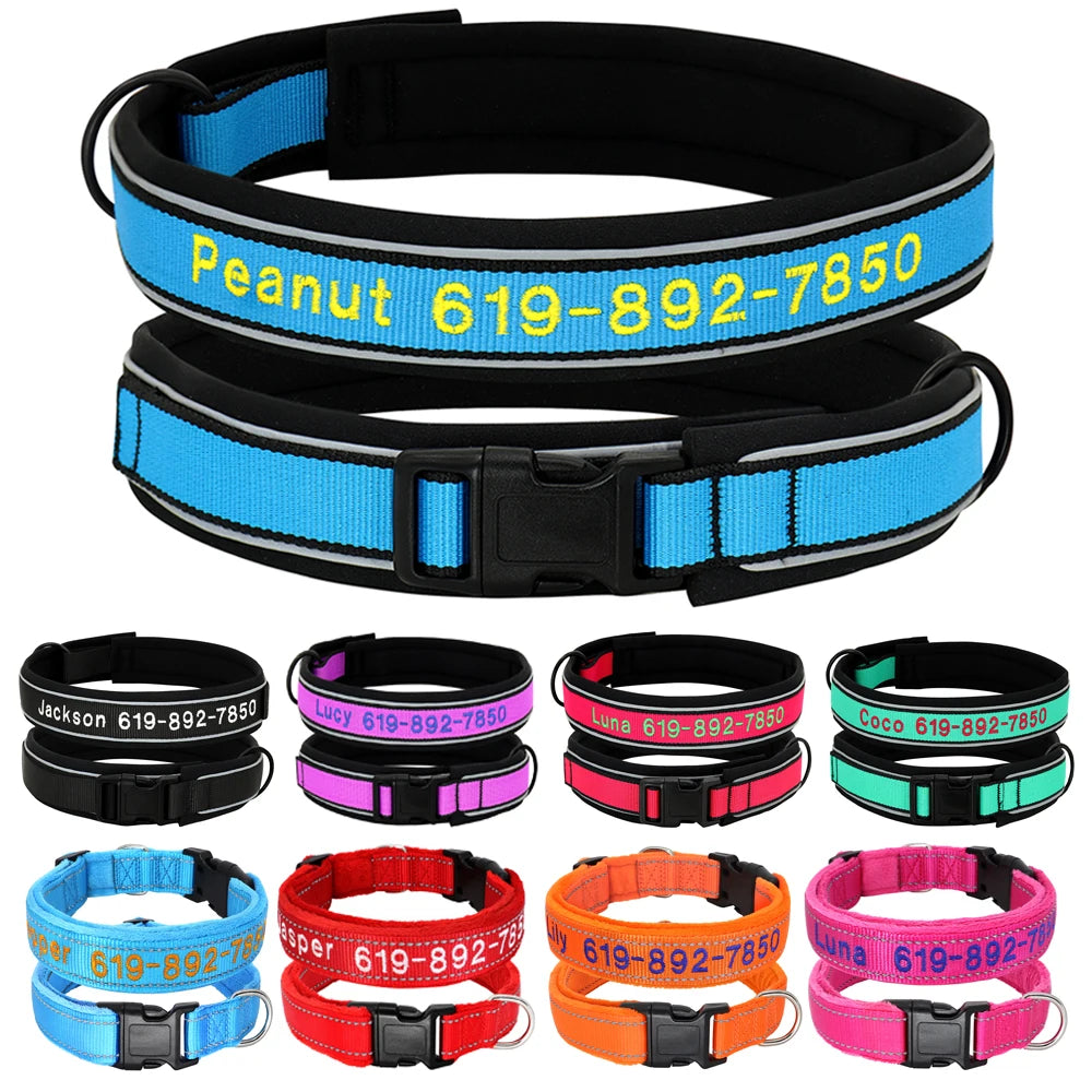 Personalized Embroidered Dog Collar – Reflective Nylon, Custom Name ID Tag – Small Medium Large Dogs