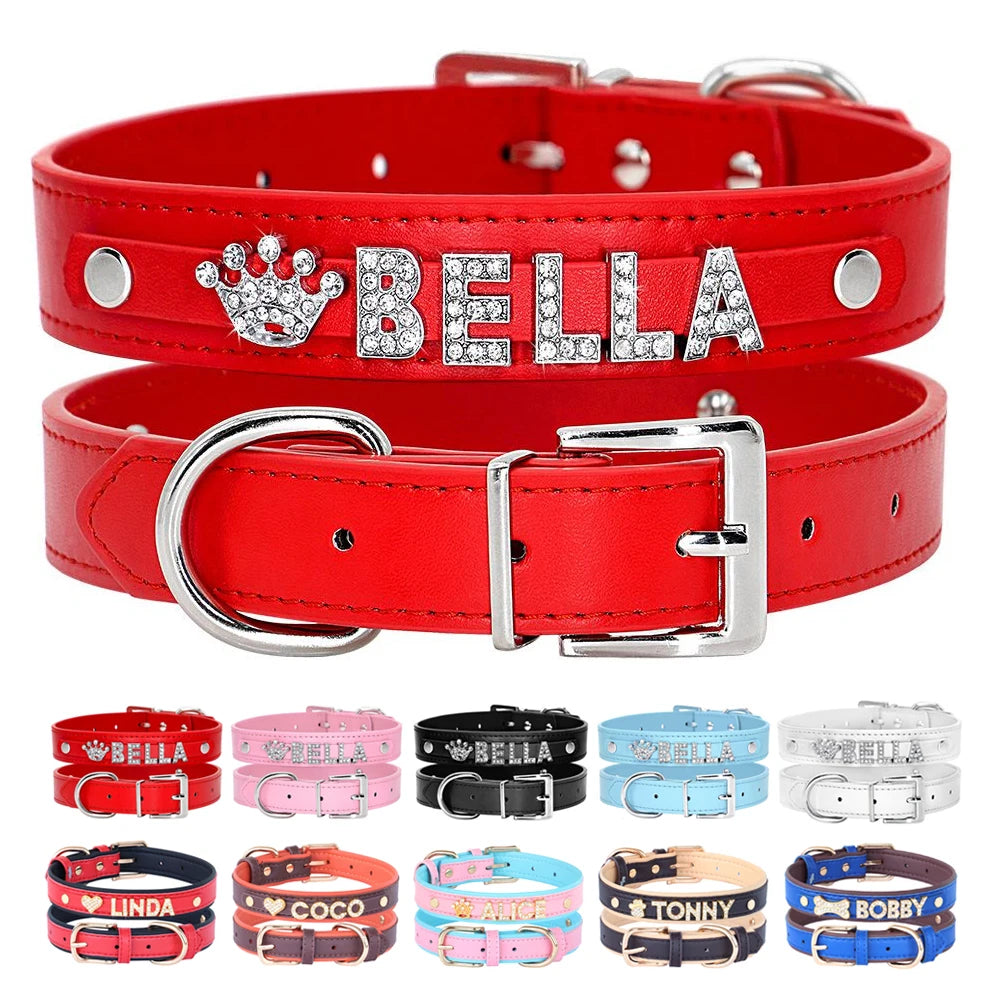 Bling Personalized Dog & Cat Collar – PU Leather Puppy Chihuahua Necklace with DIY Rhinestone Name & Free Charms