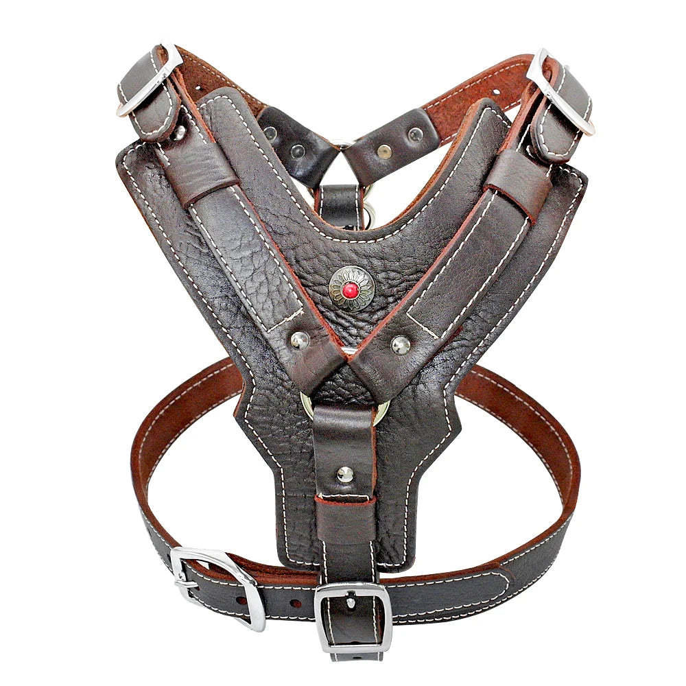 Genuine Leather Dog Harness – Durable Adjustable Large Dog Vest with Quick Control Handle &amp; Heavy-Duty Hardware (Pitbull, Bulldog, Labrador)