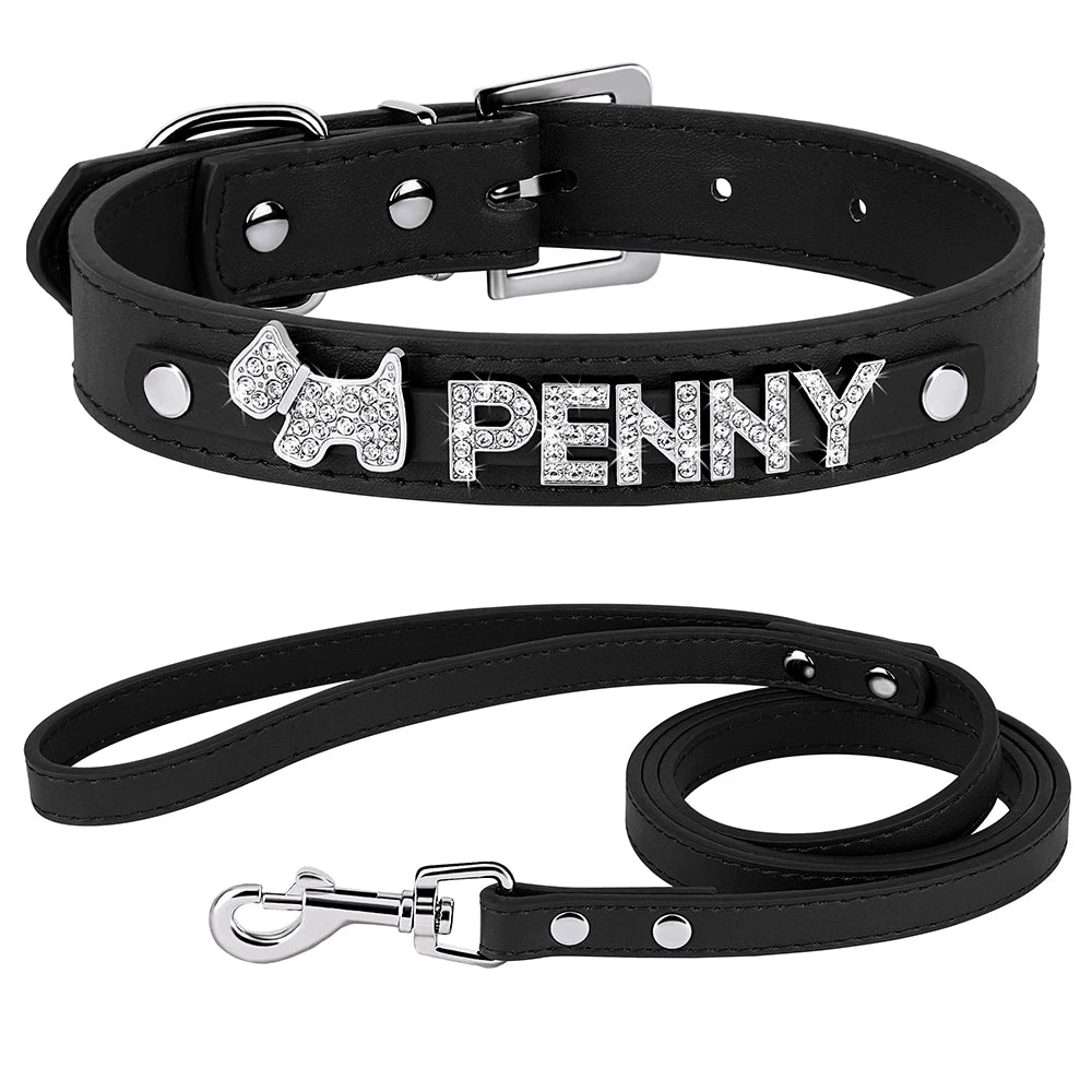 ✨ Personalized Bling Dog Collar & Leash Set – Custom Name with Rhinestones for Small & Medium Pets ✨