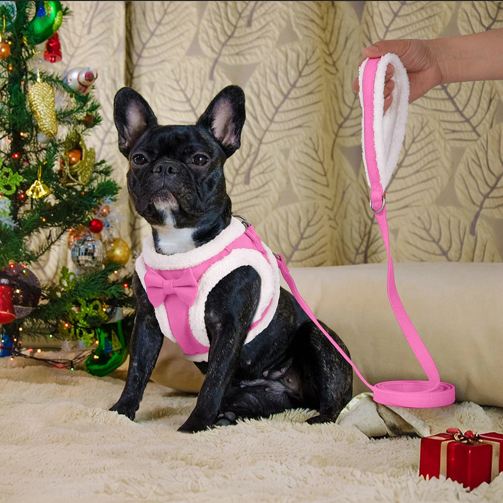 Winter Warm Dog Harness Leash Set – Soft Fleece Pet Vest with Bowtie for Small & Medium Dogs