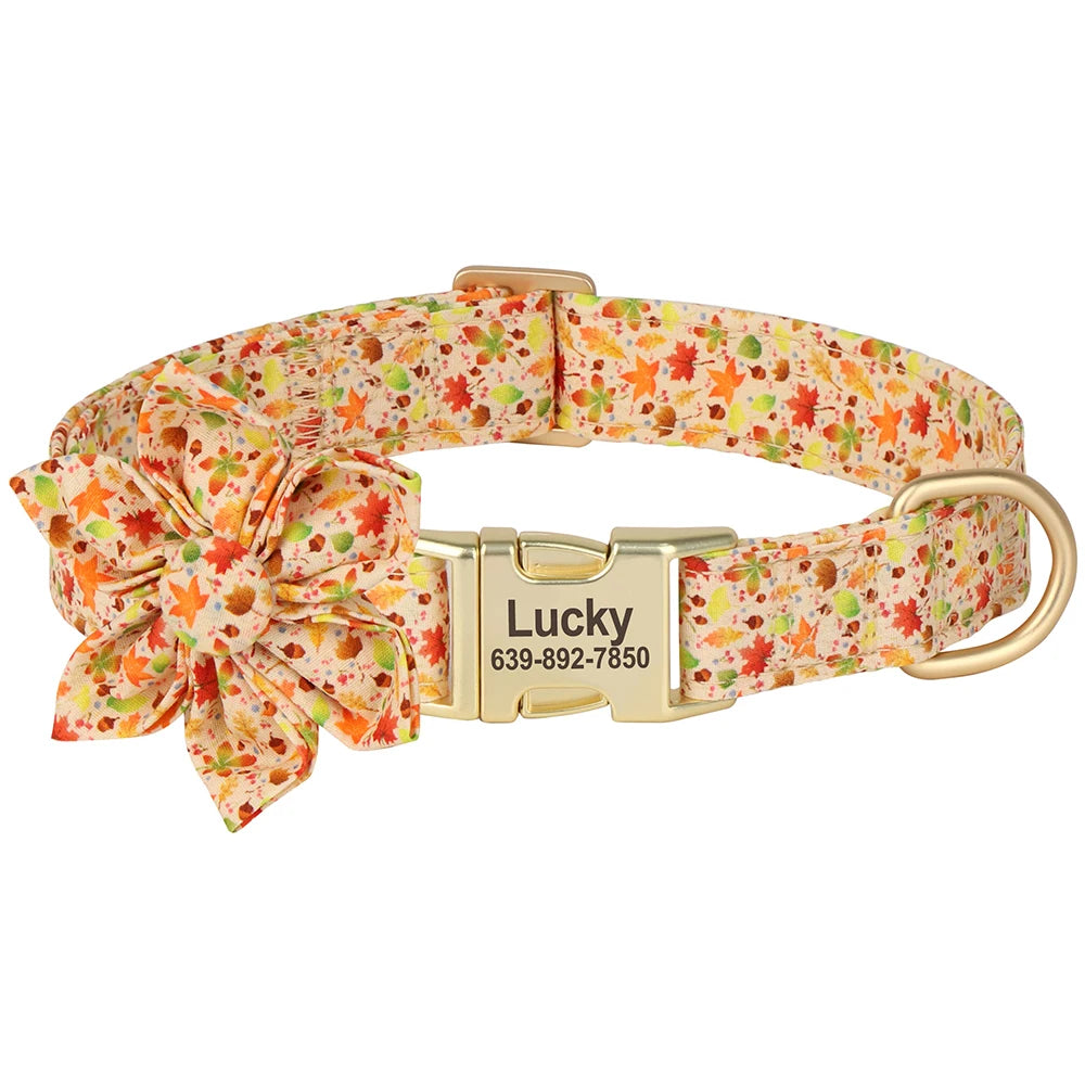 Personalized Dog Collar with Flower Print – Custom Engraved Nameplate | Adjustable Nylon Pet Collar for Small, Medium & Large Dogs