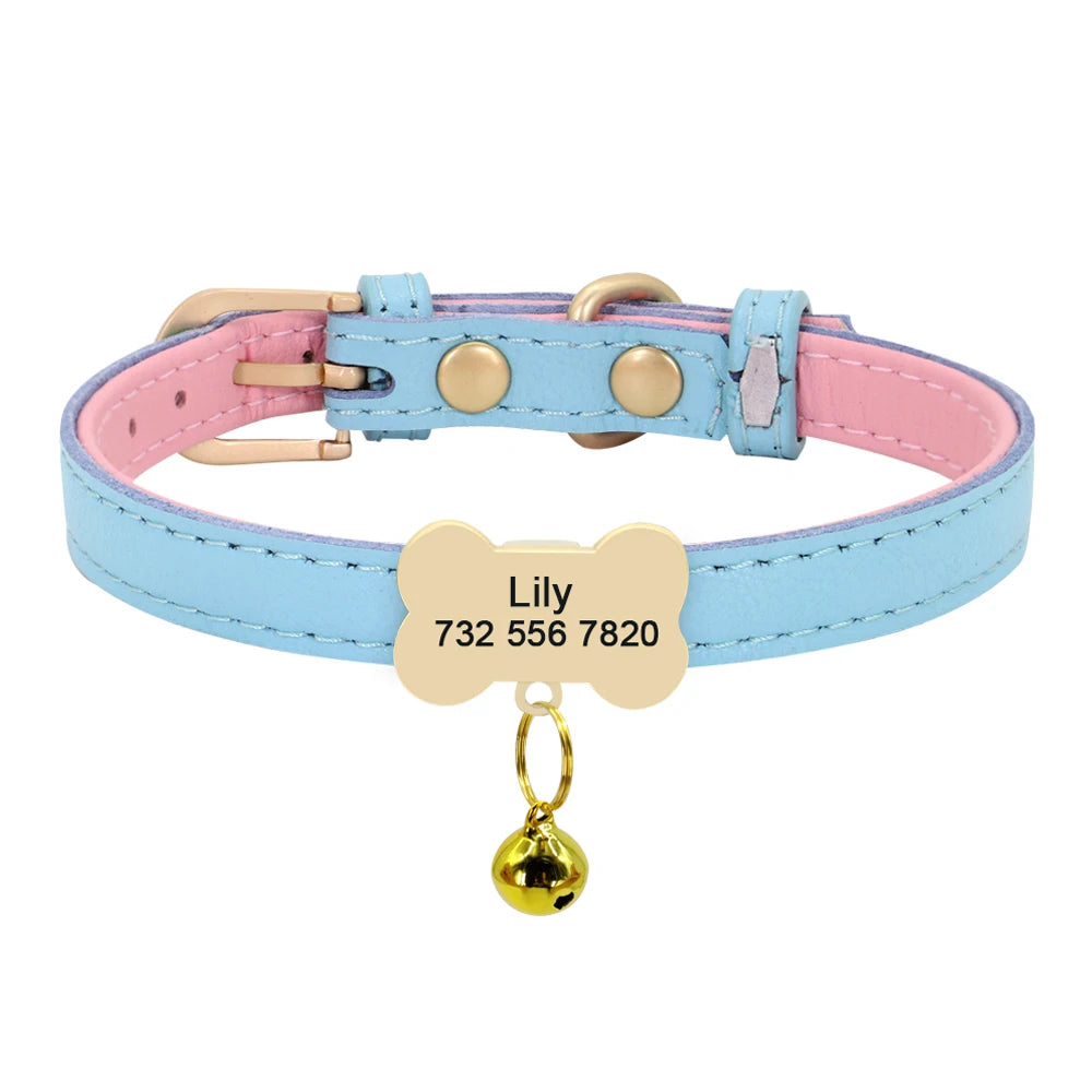 Personalized Leather Cat Collar – Custom Engraved Nameplate with Bell – Adjustable for Kittens, Cats & Small Dogs