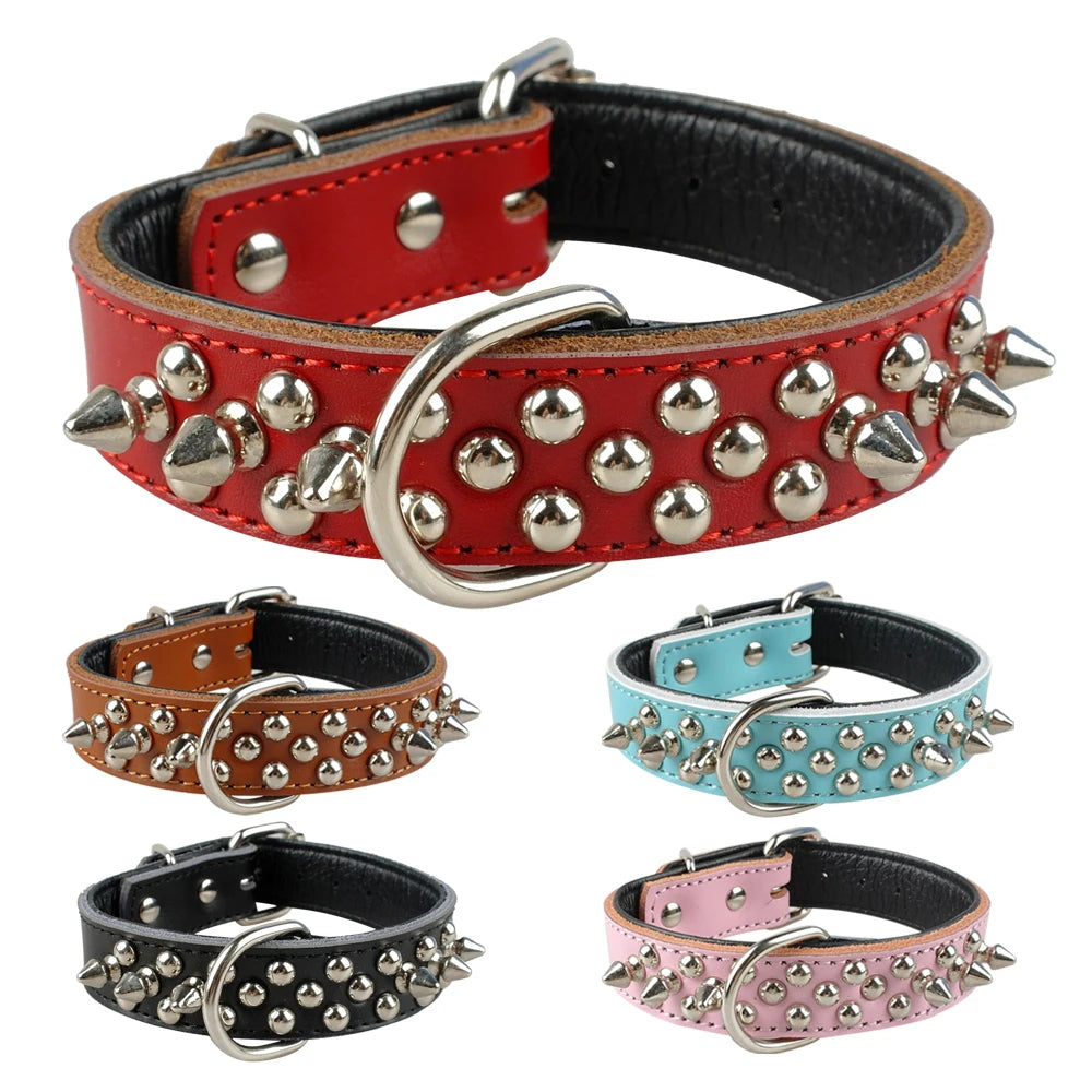 Spiked Studded Leather Dog Collar – Adjustable Anti-Bite Bulldog Collar for Small, Medium & Large Dogs