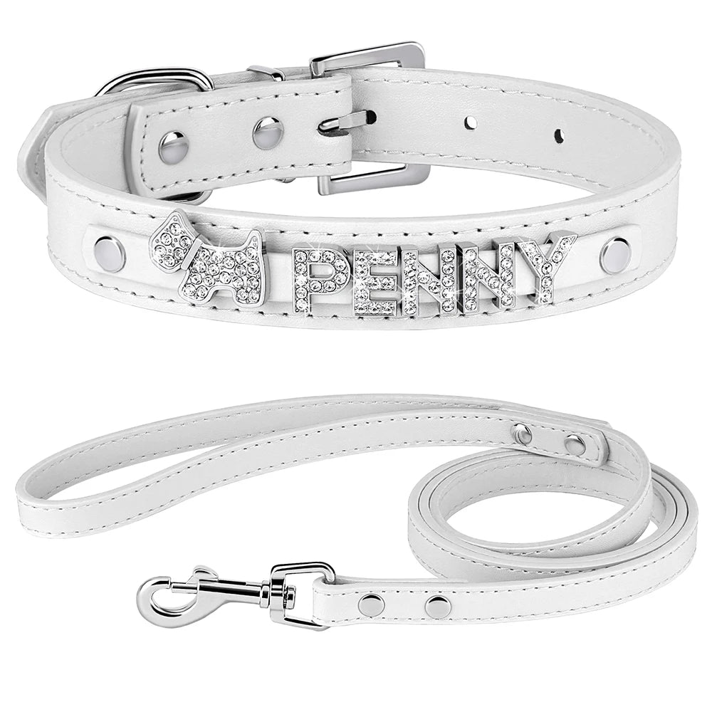 ✨ Personalized Bling Dog Collar & Leash Set – Custom Name with Rhinestones for Small & Medium Pets ✨