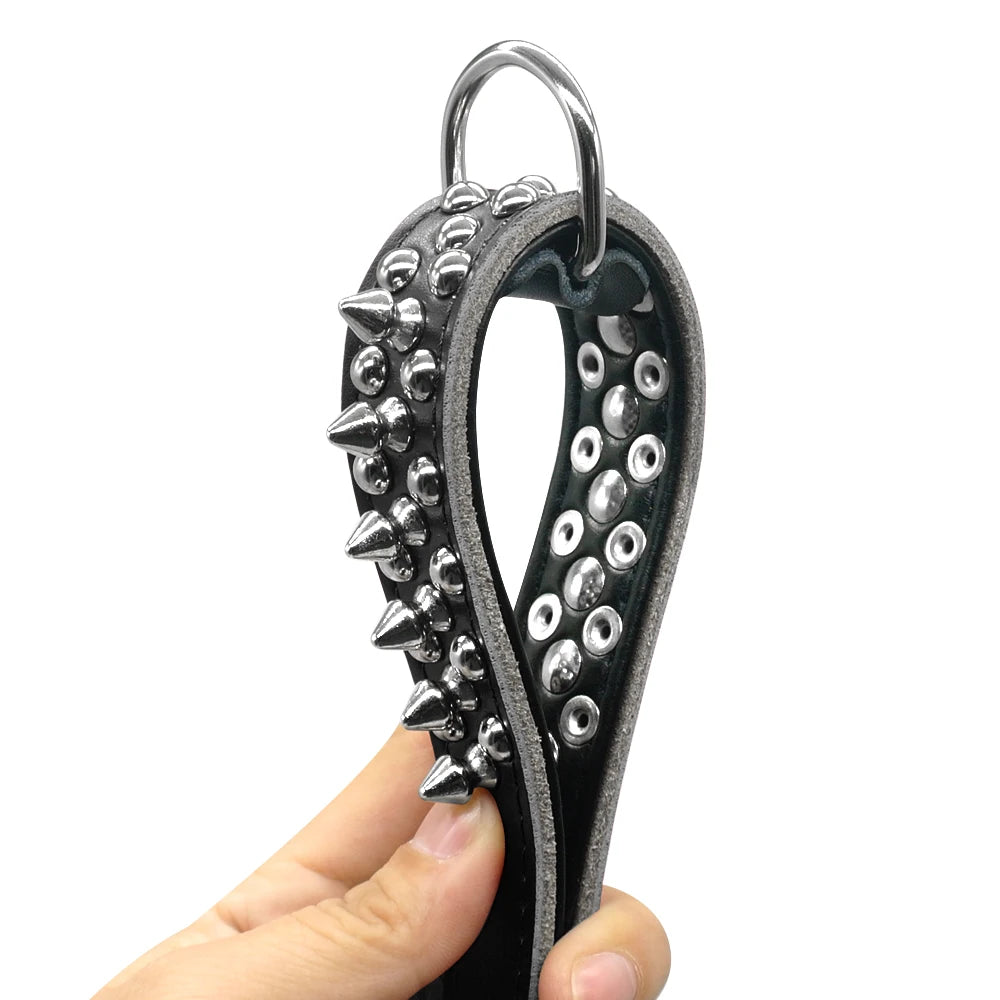 Spiked Studded Leather Dog Collar – Adjustable Anti-Bite Bulldog Collar for Small, Medium & Large Dogs