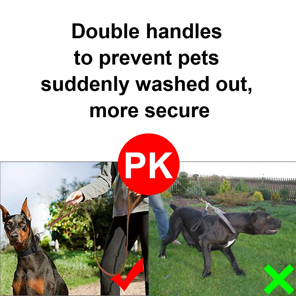Genuine Leather Dog Leash – Double Handle Training & Walking Lead for Medium & Large Dogs