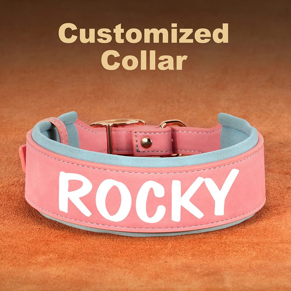 Custom Print Dog Collar – Wide Soft Padded PU Leather Name Collar for Medium & Large Dogs (Free Personalized Print)