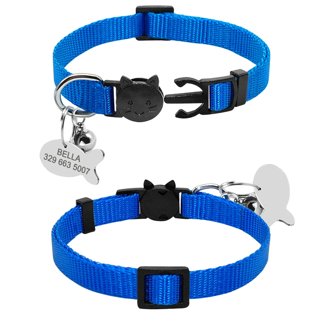 Personalized Cat Collar with Engraved Fish Tag – Adjustable Nylon Collar for Cats & Small Dogs
