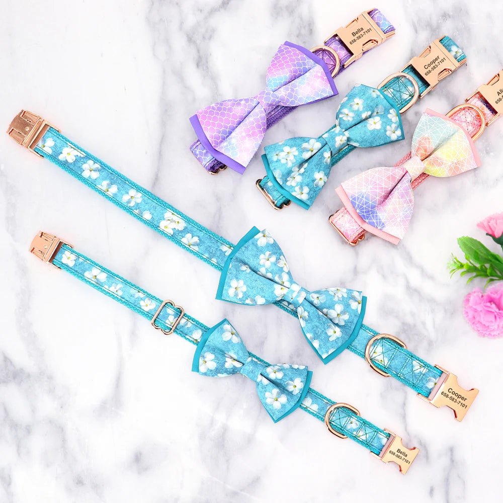 Custom Bowtie Dog Collar – Personalized Floral ID Tag with Engraved Name & Phone Number