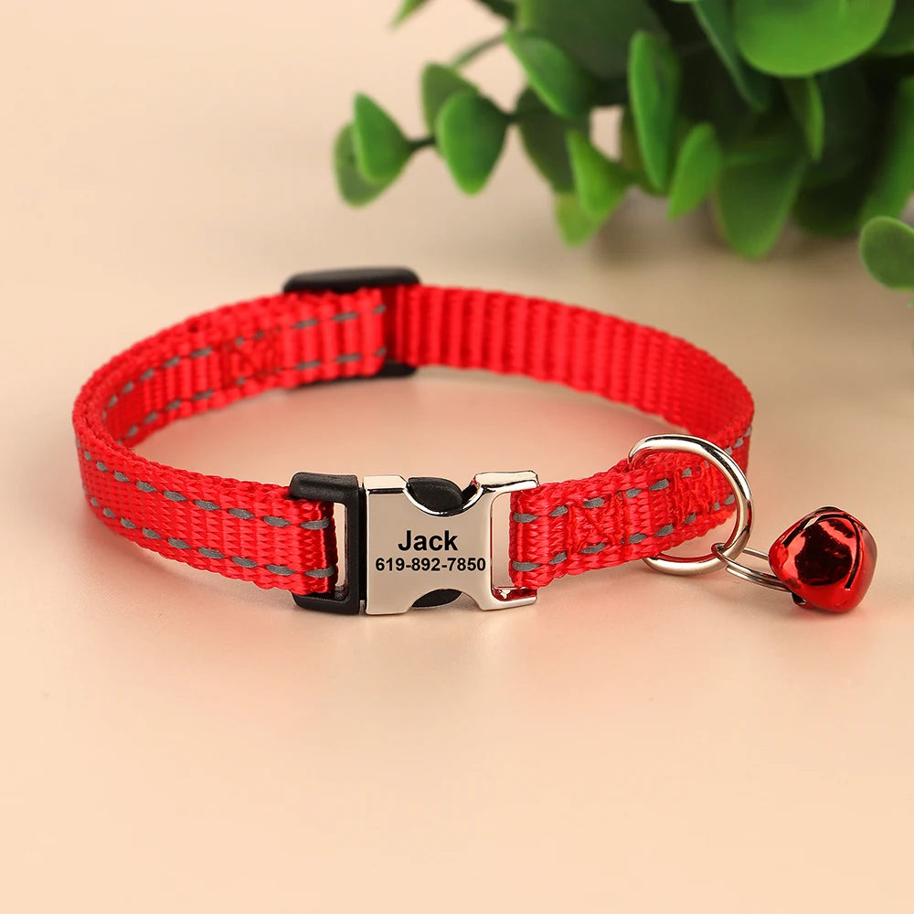 Reflective Personalized Nylon Dog & Cat Collar with Custom Engraved ID Tag & Bell – Adjustable Safety Collar for Small & Medium Pets