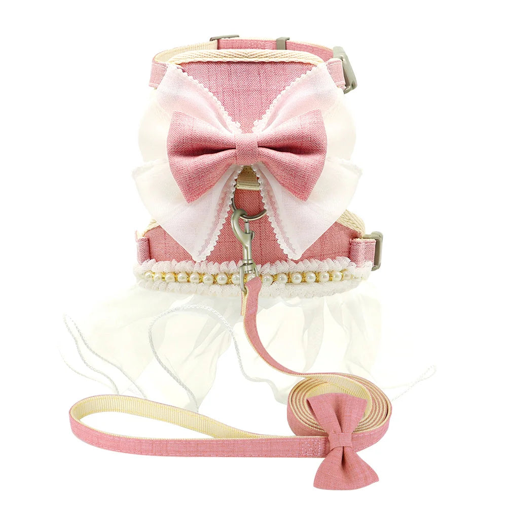 Princess Dog Cat Harness And Leash Set Lace Bowknot Pet Harness Chest Strap Dress For Fashion Chihuahua Cats Accessories