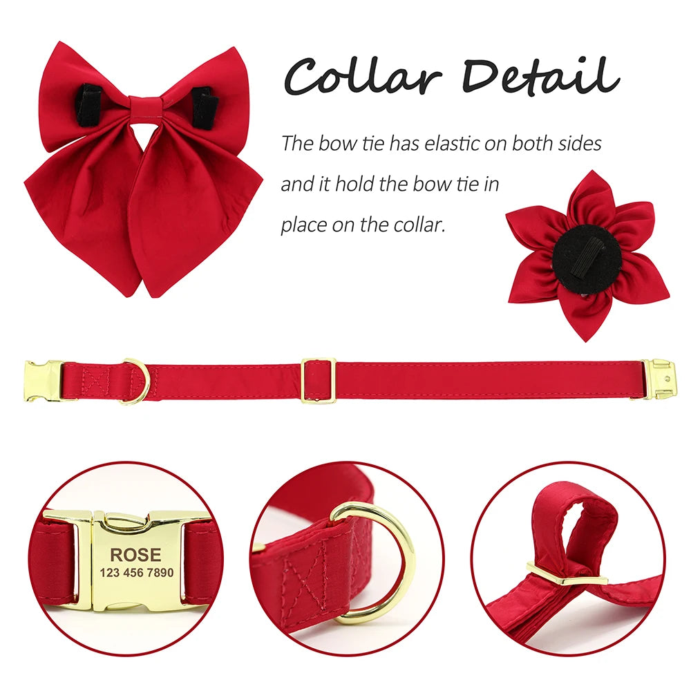 Personalized Silk Dog Collar with Bowtie & Flower – Custom Engraved ID Tag | Adjustable Wedding Collar for Small, Medium & Large Dogs