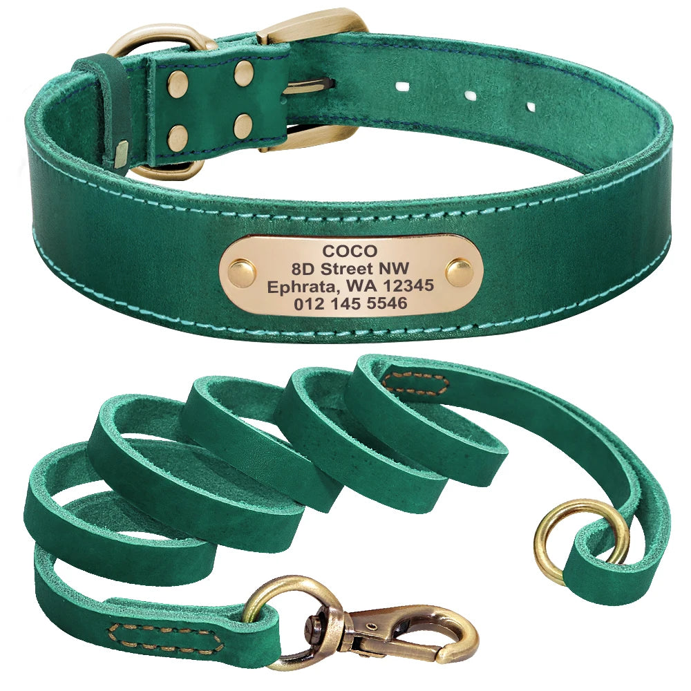 🦴 Custom Leather Dog Collar & Leash Set — Personalized for Safety & Style 🐾