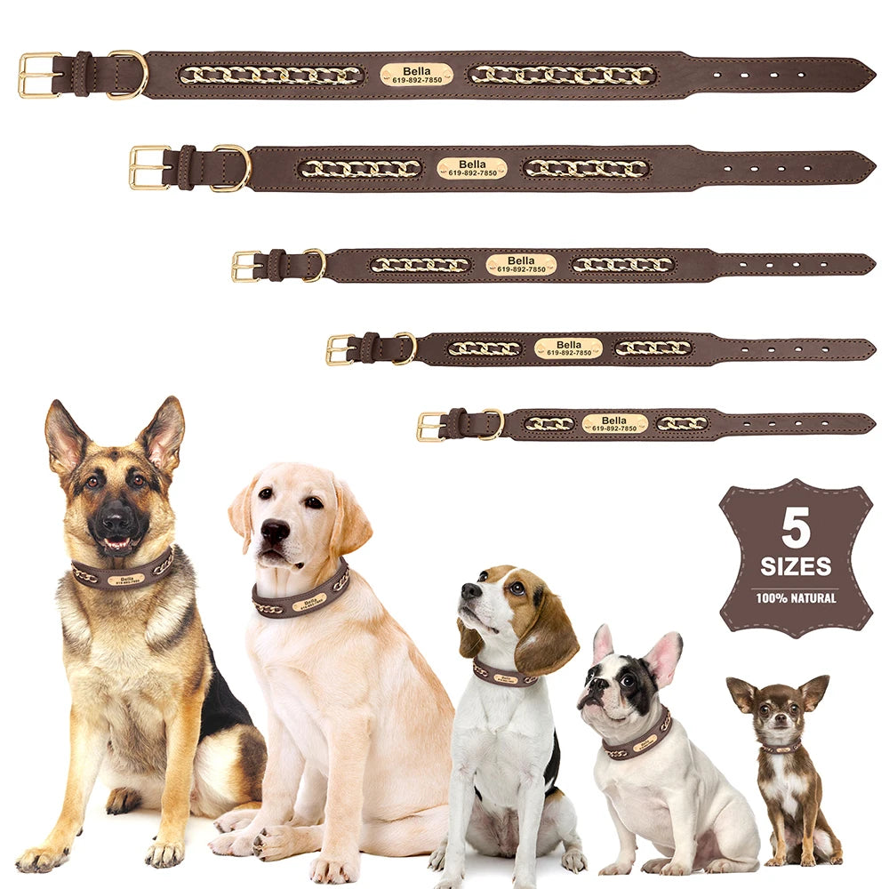 Personalized Leather Dog Collar – Custom Engraved Nameplate ID Tag for Small, Medium & Large Dogs