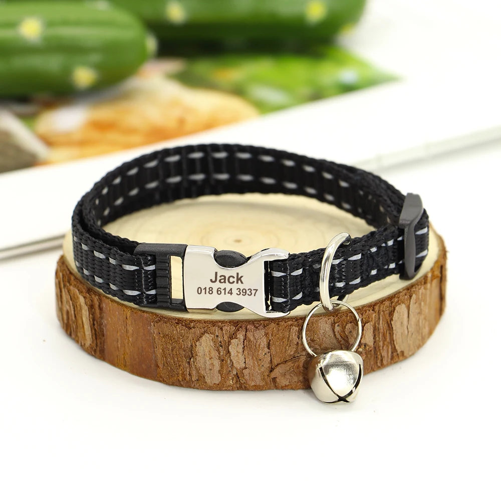 Personalized Pet Cat Collar Reflective Nylon Puppy Cat Collars Custom Engraved Pet Kitten Collar With Bell For Small Dogs Cats