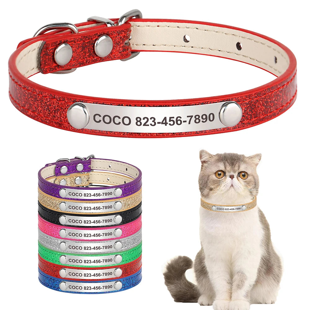 Anti-Lost Personalized Cat Collar with Engraved ID Nameplate – Bling Collar for Cats & Small Dogs
