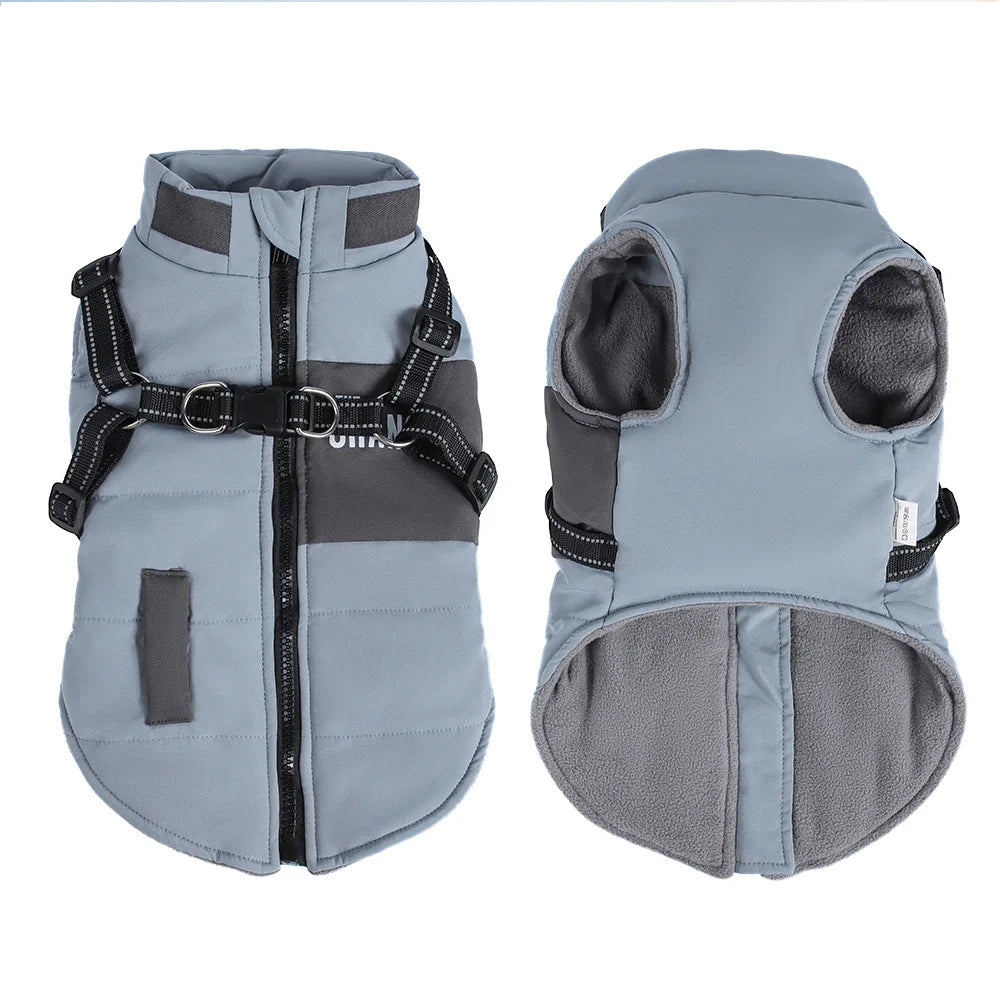 Waterproof Winter Dog Jacket with Built-In Harness & Reflective Belt