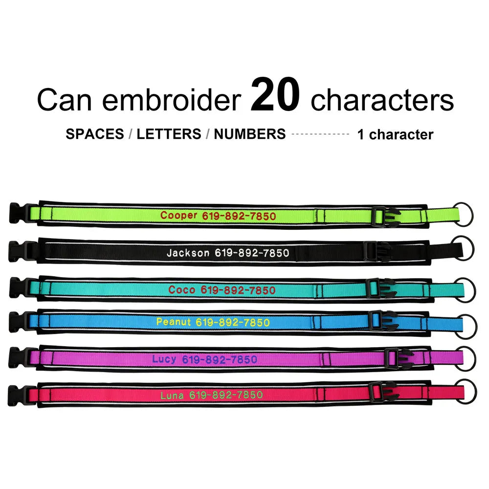 Personalized Embroidered Dog Collar – Reflective Nylon, Custom Name ID Tag – Small Medium Large Dogs