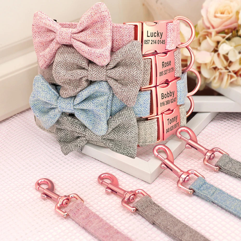 Customized Dog Collar & Leash Set – Personalized Pet Collars with Bowtie & Free Engraving