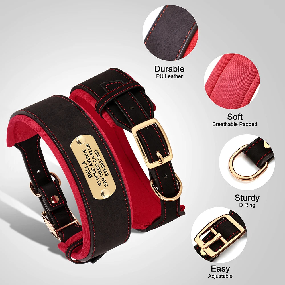 Customized Engraved Wide Leather Dog Collar – Soft Padded for Medium & Large Dogs