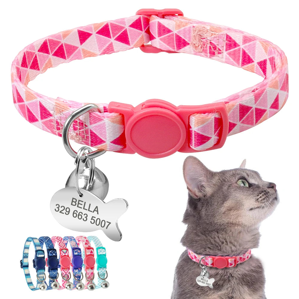 Personalized Cat Collar with Engraved Fish Tag – Adjustable Nylon Collar for Cats & Small Dogs