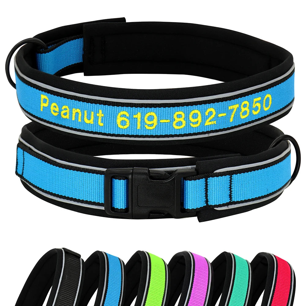 Personalized Embroidered Dog Collar – Reflective Nylon, Custom Name ID Tag – Small Medium Large Dogs