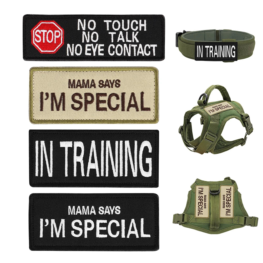 Dog Harness & Collar Patch Tags – “I’m Special”, “In Training”, “No Touch No Talk No Eye Contact”