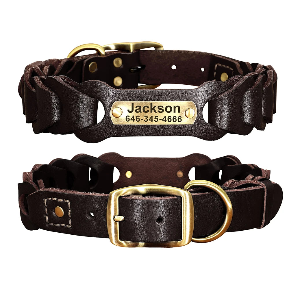 Custom Engraved Leather Dog Collar – Personalized Nameplate for Medium & Large Dogs