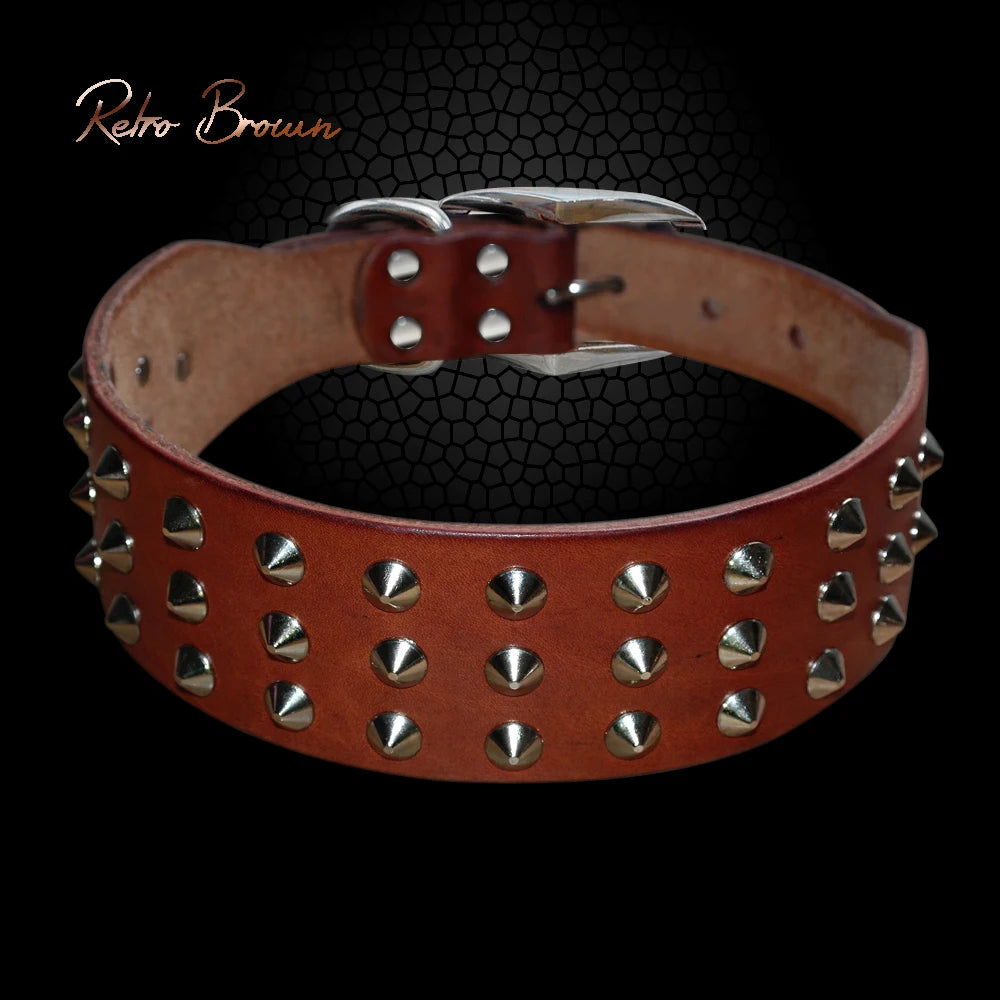 Spiked Studded Leather Dog Collar – Adjustable Anti-Bite Bulldog Collar for Small, Medium & Large Dogs
