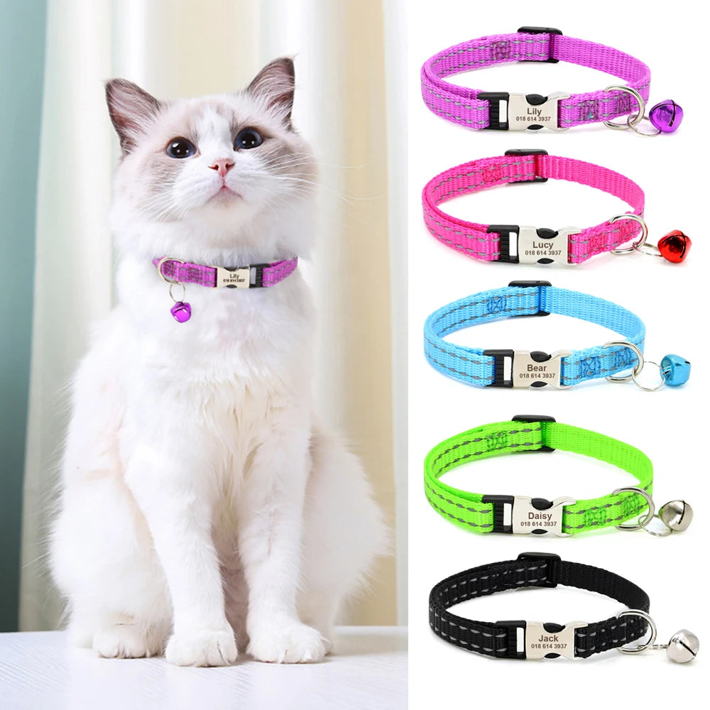 Personalized Pet Cat Collar Reflective Nylon Puppy Cat Collars Custom Engraved Pet Kitten Collar With Bell For Small Dogs Cats