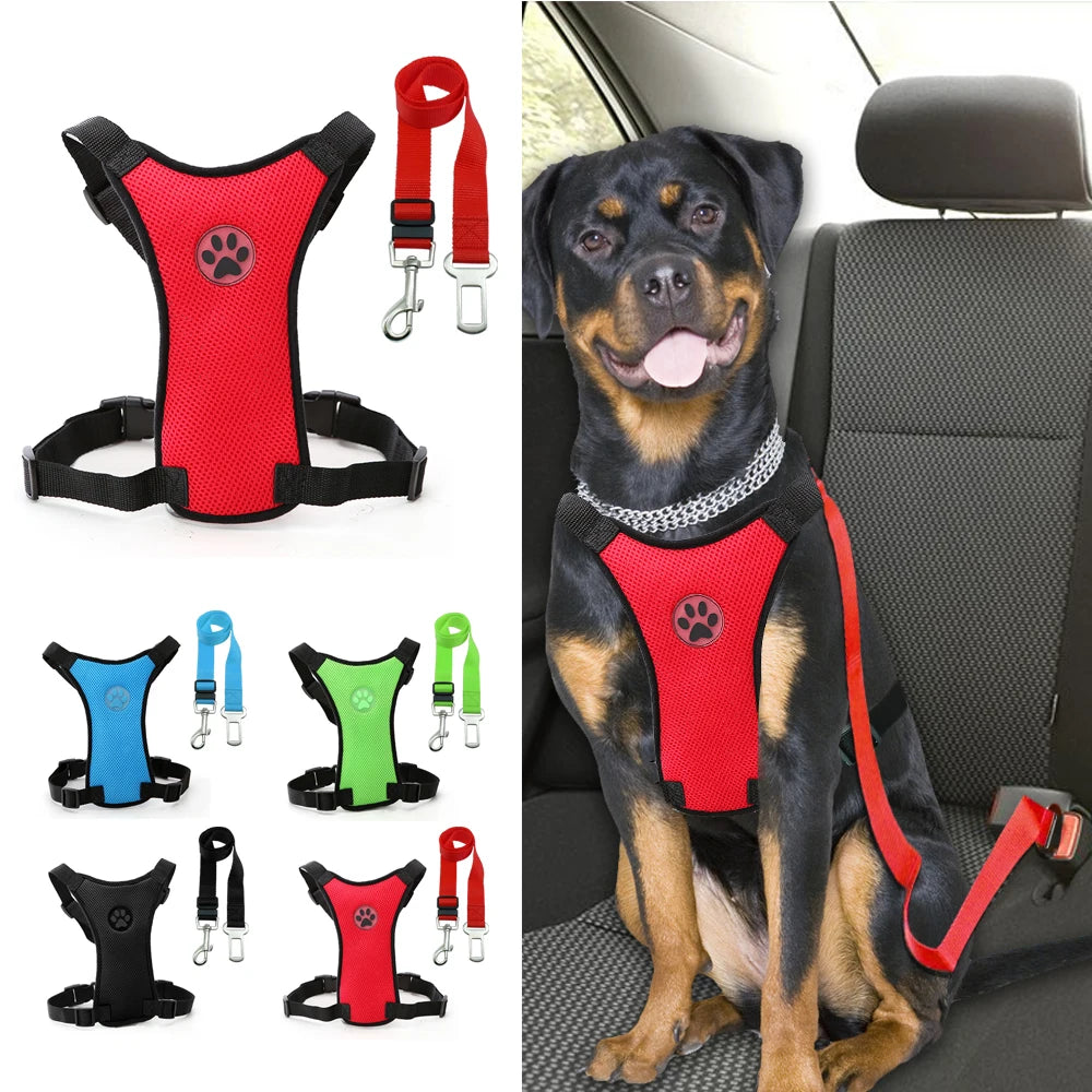 Nylon Breathable Mesh Dog Car Harness – Adjustable Safety Vest with Leash & Seatbelt for Medium & Large Dogs