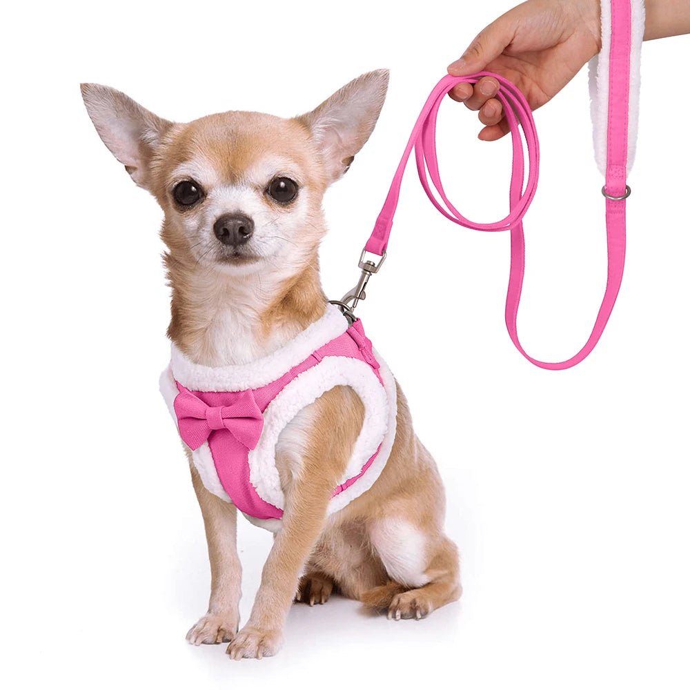 Winter Warm Dog Harness Leash Set – Soft Fleece Pet Vest with Bowtie for Small & Medium Dogs