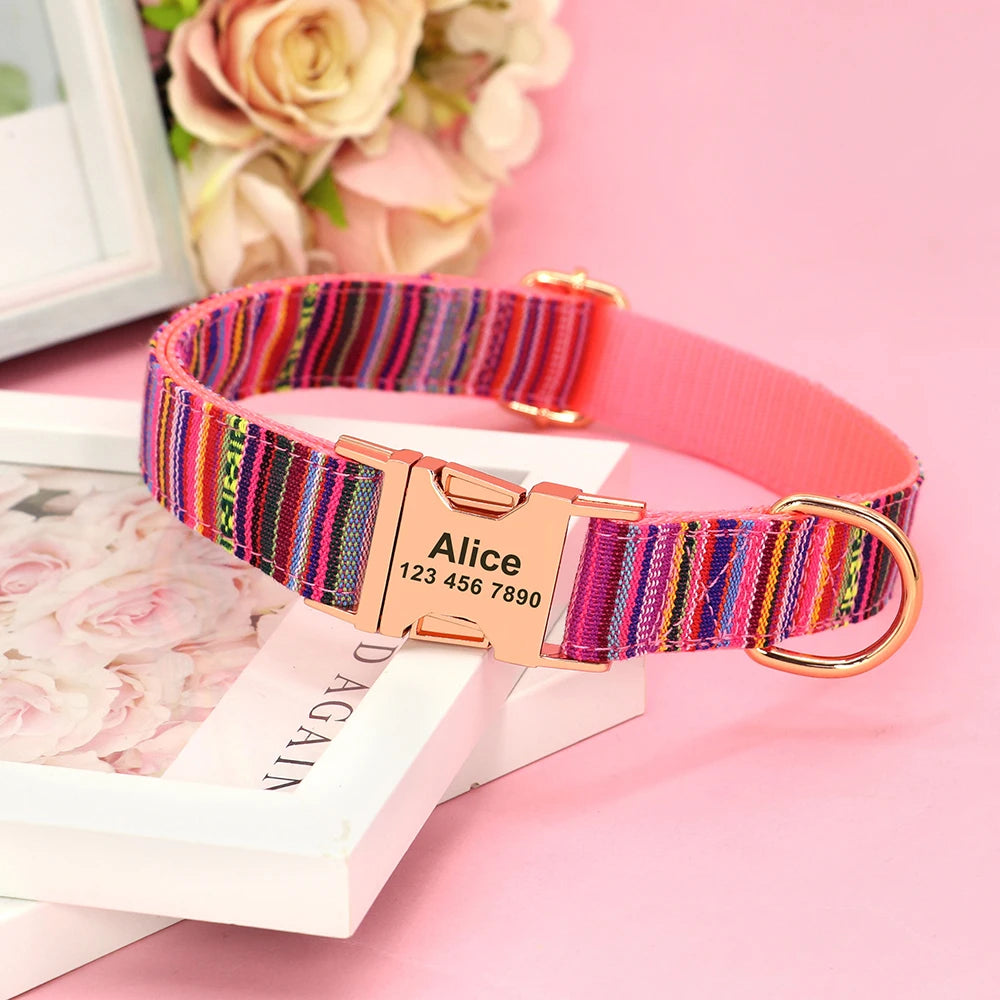 Personalized Nylon Dog Collar with Engraved Nameplate – Custom ID Tag for Small, Medium & Large Dogs