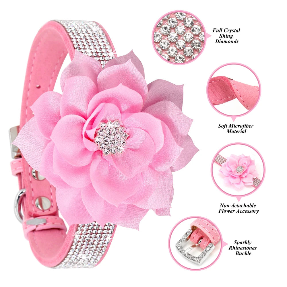 Bling Rhinestone Dog Collar with Flower – Sparkly Crystal Puppy & Cat Necklace for Chihuahua, Yorkie, Poodle