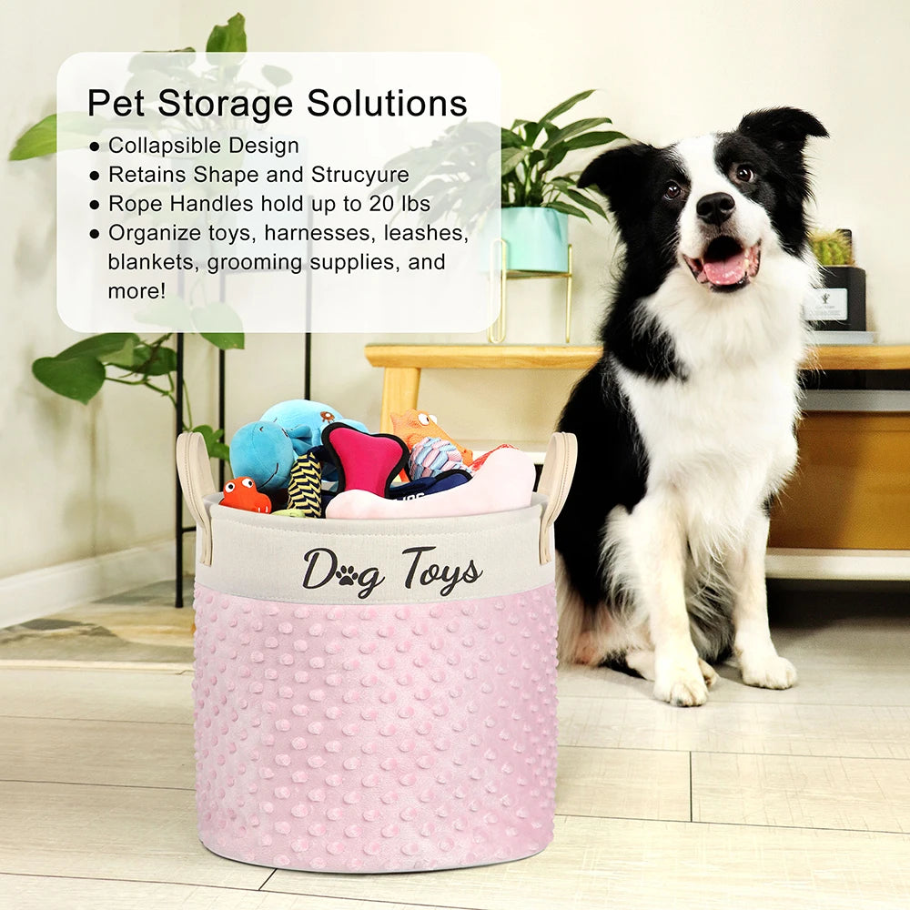 Collapsible Dog Toy Storage Basket with Handles – Large Capacity Pet Organizer Bin (Pink/Blue)