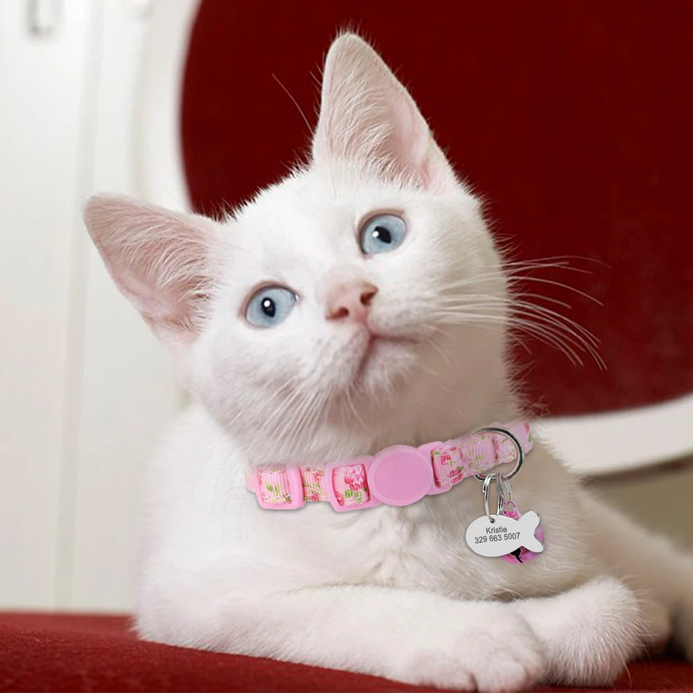 Personalized Cat Collar with Engraved Fish Tag – Adjustable Nylon Collar for Cats & Small Dogs