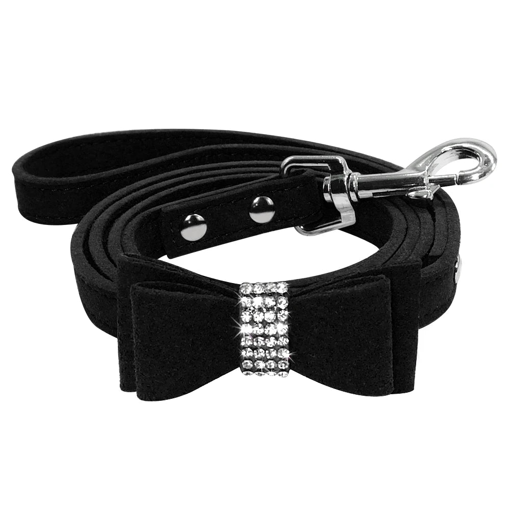 Suede Leather Dog Leash with Rhinestone Bowknot – Stylish Walking Lead for Small & Medium Dogs (Black, Red, Blue, Pink)