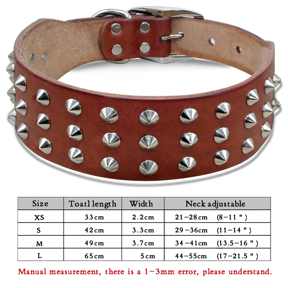 Spiked Studded Leather Dog Collar – Adjustable Anti-Bite Bulldog Collar for Small, Medium & Large Dogs