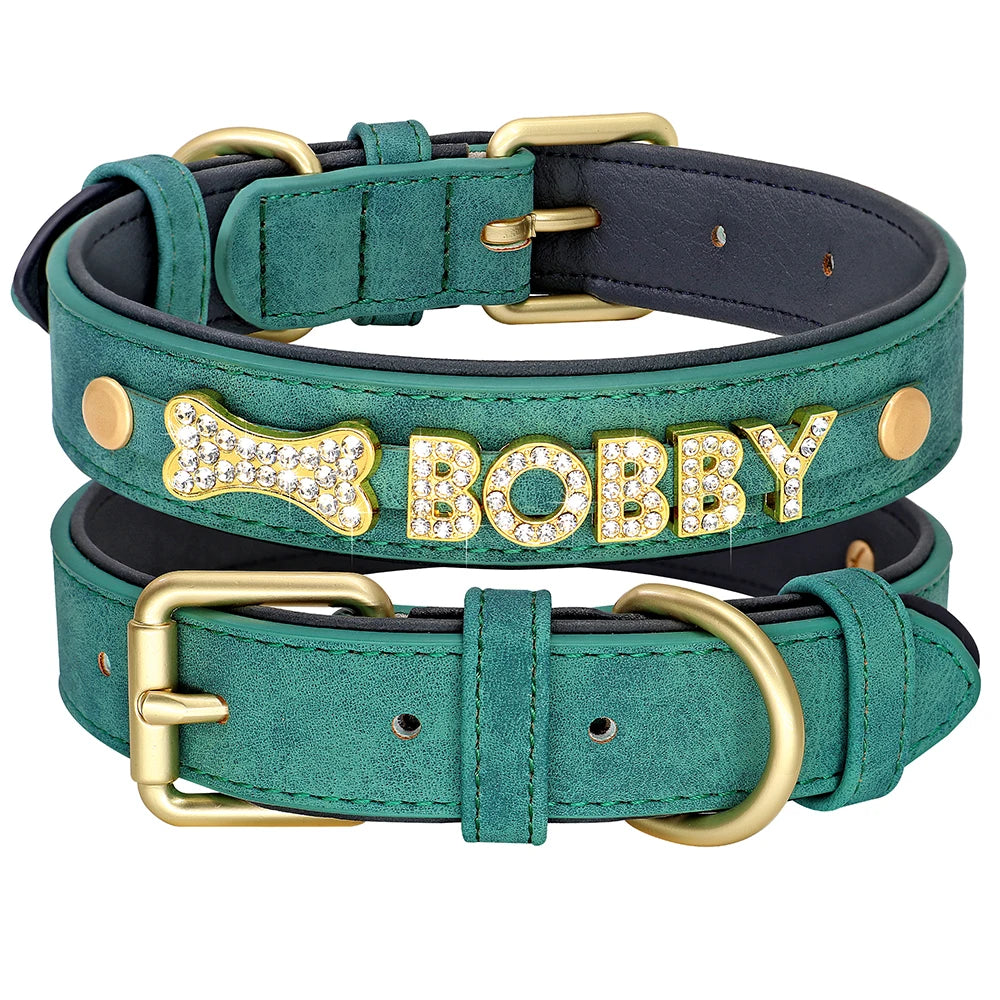 Custom Dog Name Collar – Bling Rhinestone Leather Collar with Free Charms & Personalized Letters