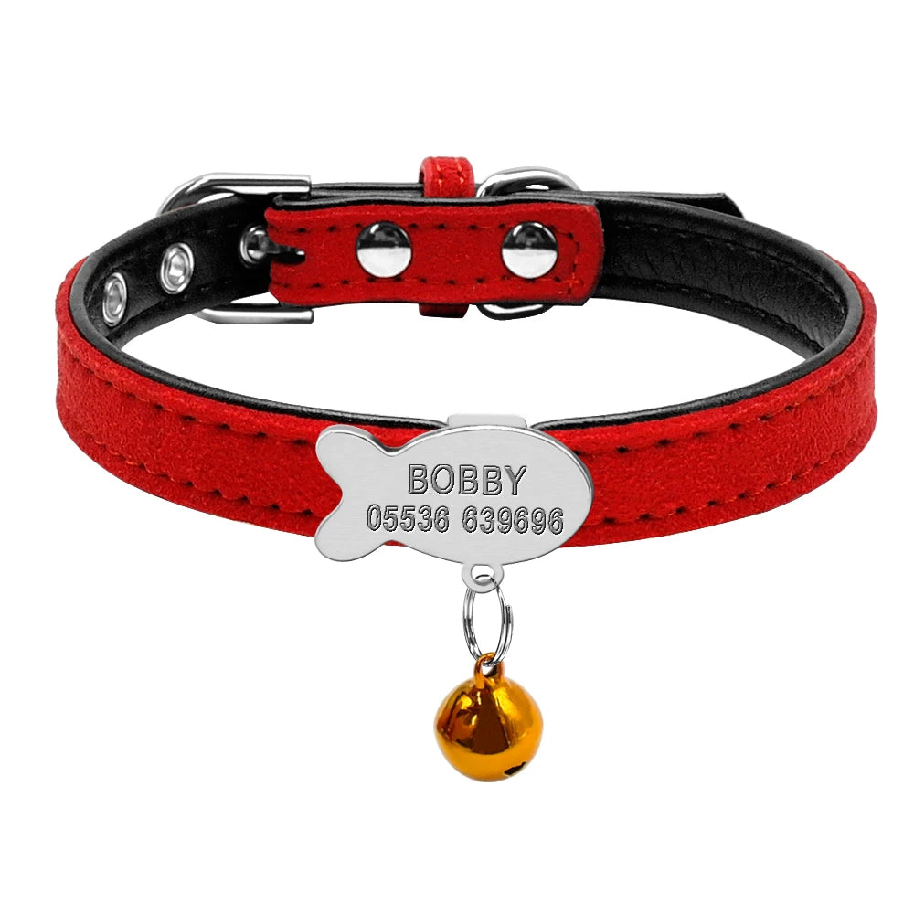 Personalized Leather Cat Collar – Custom Engraved Nameplate with Bell – Adjustable for Kittens, Cats & Small Dogs