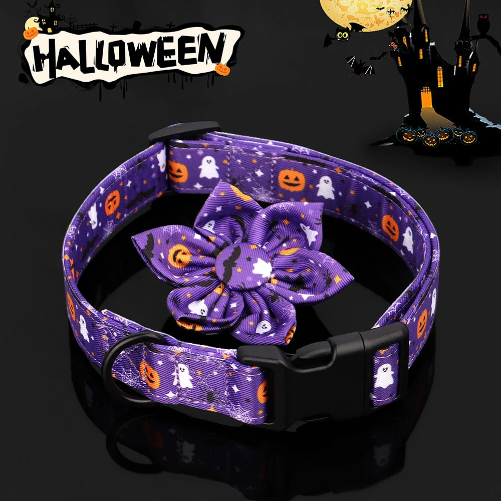Halloween Nylon Dog Collar with Flower – Adjustable Pumpkin Pet Collar for Small Medium Large Dogs