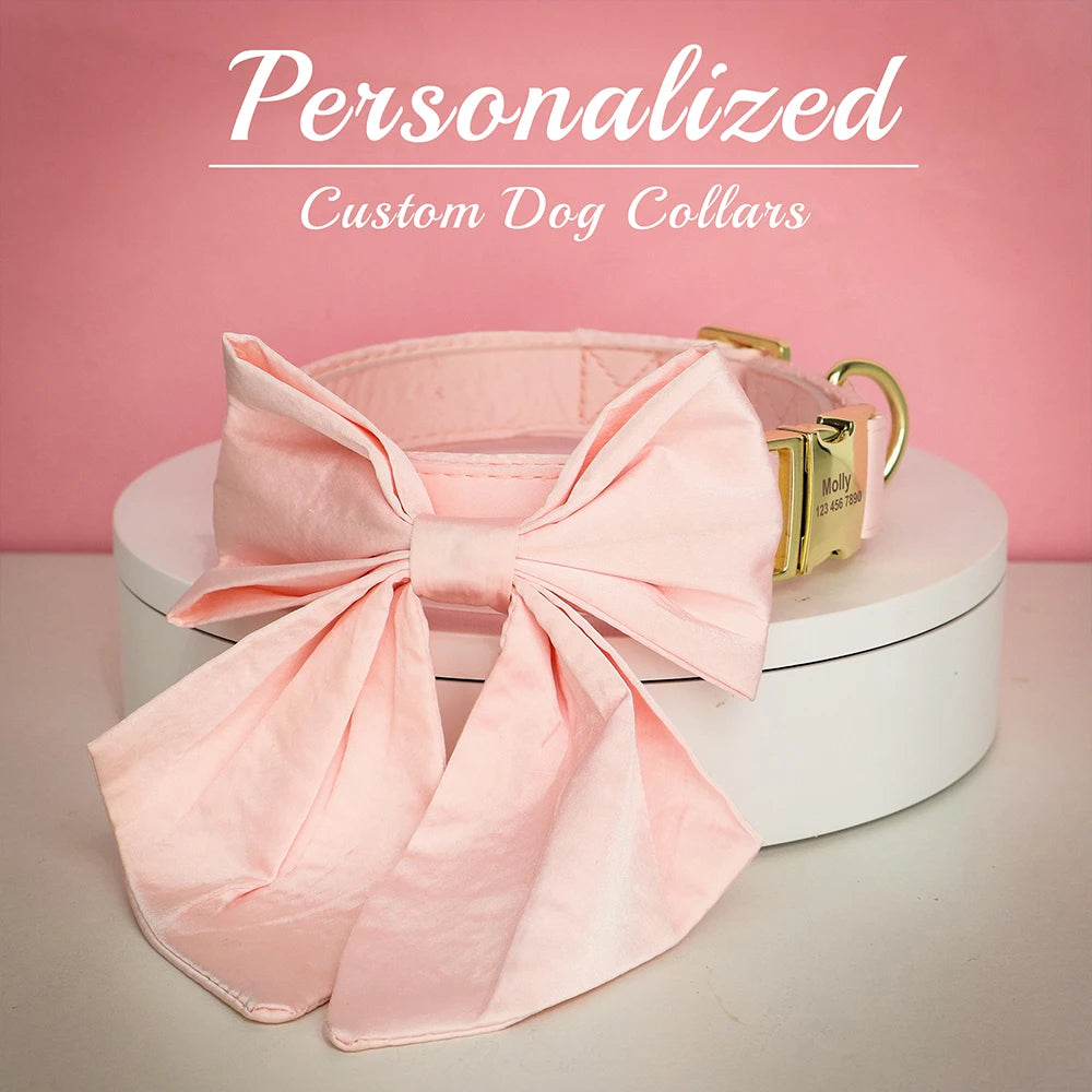 Personalized Silk Dog Collar with Bowtie & Flower – Custom Engraved ID Tag | Adjustable Wedding Collar for Small, Medium & Large Dogs