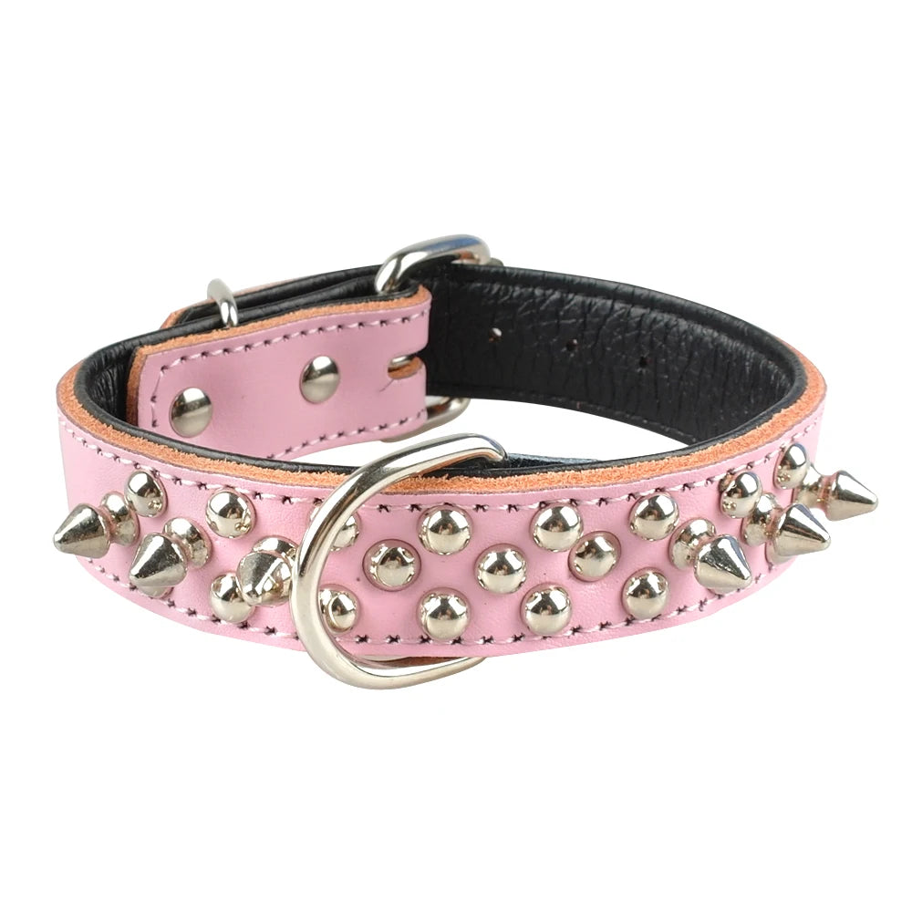 Spiked Studded Leather Dog Collar – Adjustable Anti-Bite Bulldog Collar for Small, Medium & Large Dogs