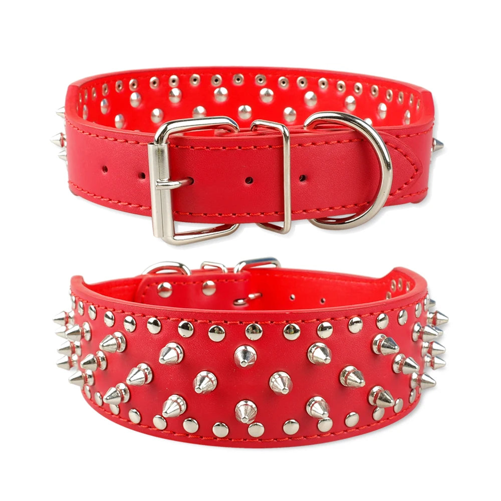 Spiked Studded Leather Dog Collar – Adjustable Anti-Bite Bulldog Collar for Small, Medium & Large Dogs