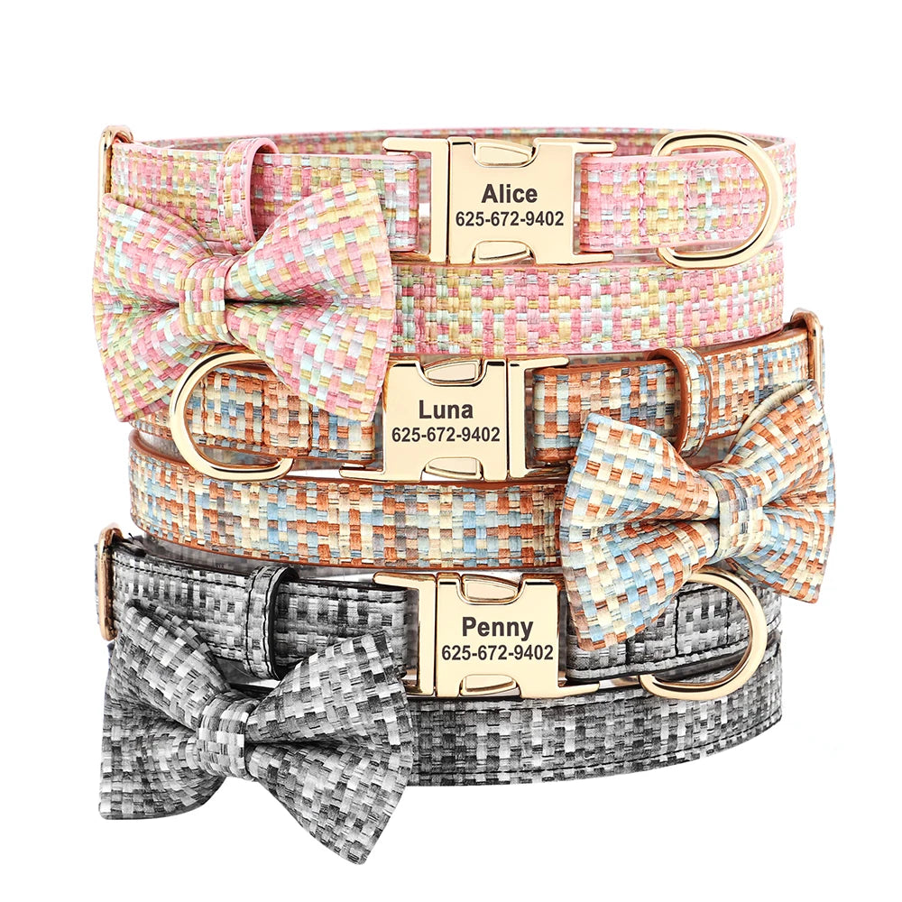 Custom Plaid Leather Dog Collar with Bow – Personalized Nameplate | Free Engraving | Small to Large Dogs