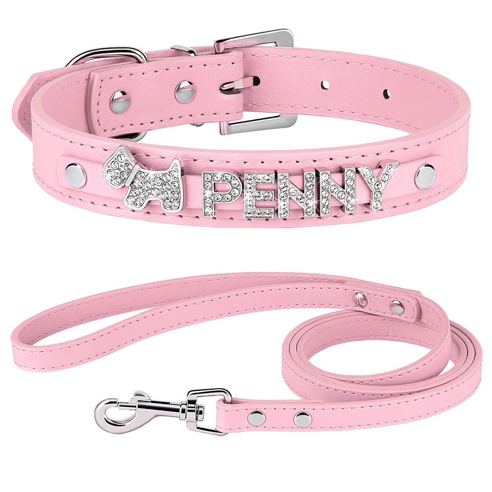 ✨ Personalized Bling Dog Collar & Leash Set – Custom Name with Rhinestones for Small & Medium Pets ✨