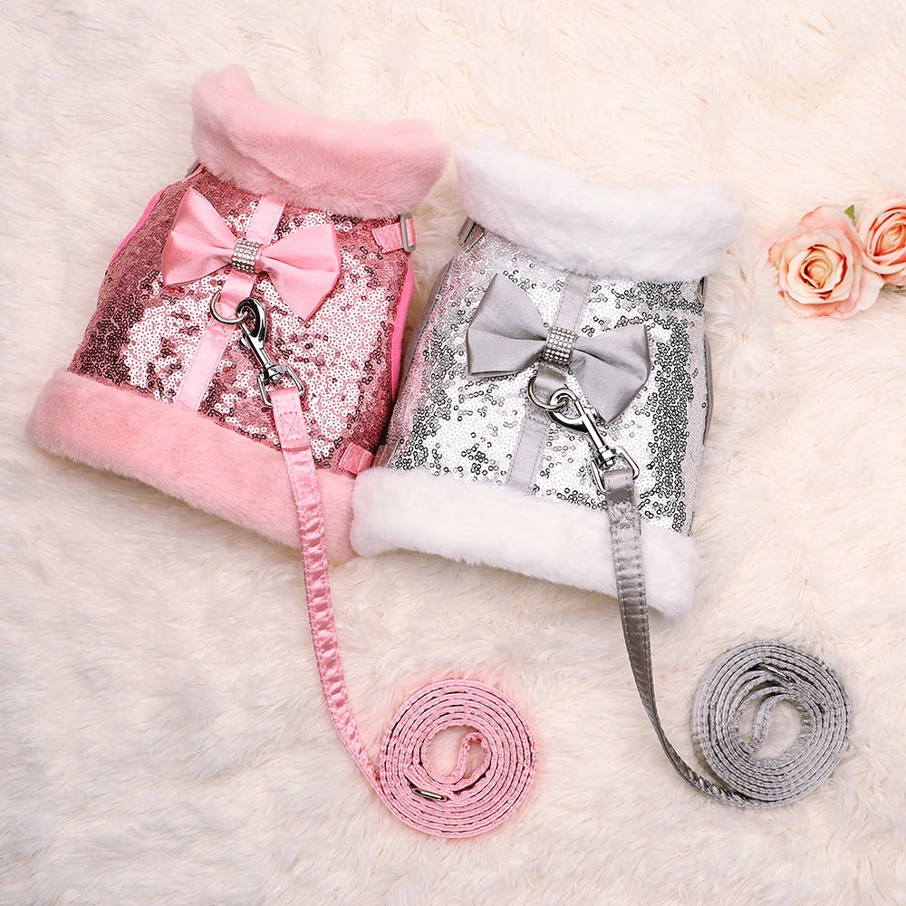 Warm Winter Dog Harness – Bling Rhinestone Fur Vest with Bowtie for Small & Medium Dogs and Cats